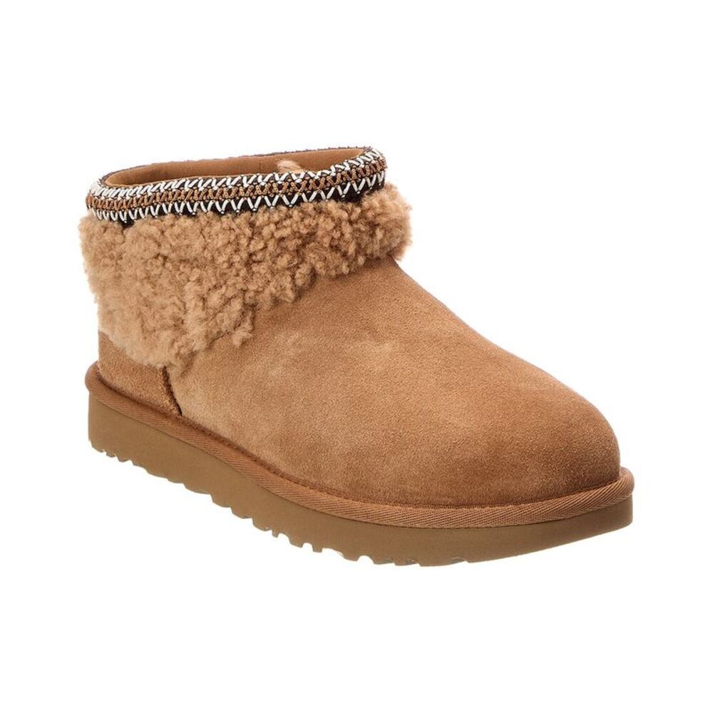Ugg W Classic Ultra Mini Maxi Curly Suede & Sherpa Bootie, Chestnut